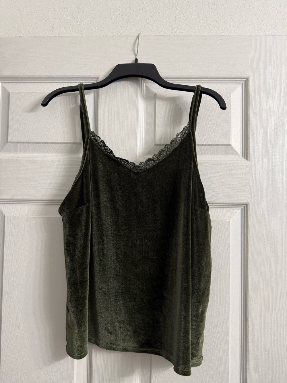 Velvet Lace-Trim Cami Tank Top - Olive Green
